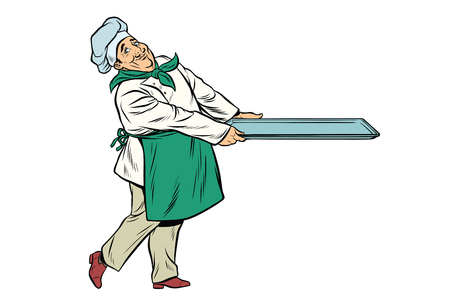 Chef cook with tray of food. Pop art retro comic book vector illustrationのイラスト素材