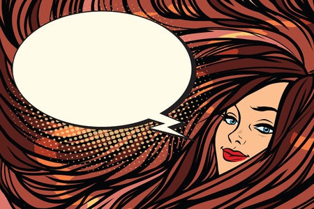 Beautiful girl with long hair, cartoon bubble. Pop art retro vector illustrationのイラスト素材