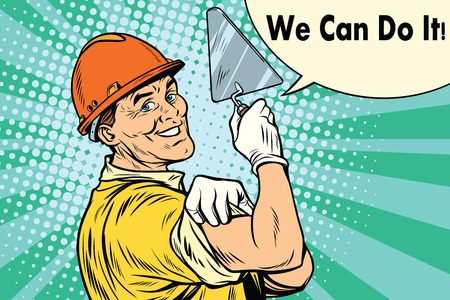 Builder with a trowel we can do it. Pop art retro vector illustrationのイラスト素材