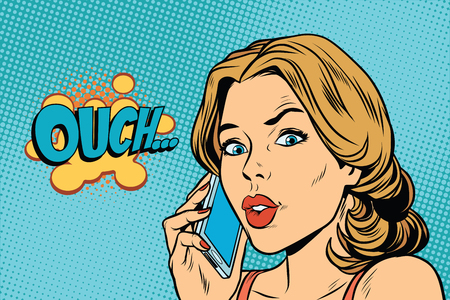 Ouch woman speaks on the smartphone. Pop art retro comic book vector illustrationのイラスト素材