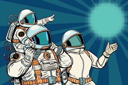 Astronauts family, father mother and child. Space travel. Pop art retro vector illustrationの写真素材