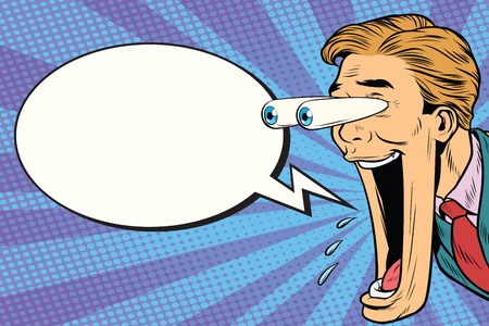 Hyper expressive reaction cartoon man face, big eyes and wide open mouth. Comic bubble. Pop art retro comic book vector illustrationの写真素材