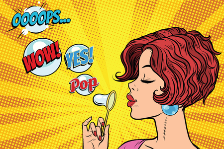 Young woman blowing air bubbles comic. oops wow yes pop. Pop art retro vector illustrationのイラスト素材