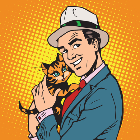 avatar portrait man with a kitten. Pop art retro vector illustrationのイラスト素材