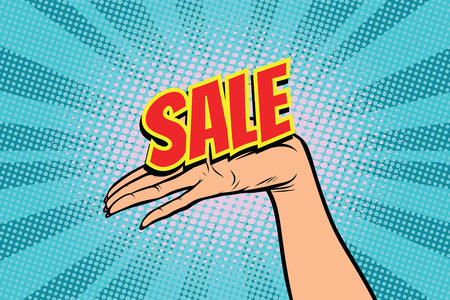 sale word. Women open palm hand hold gesture. Pop art retro vector illustrationのイラスト素材
