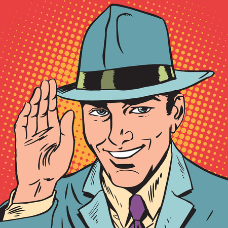 avatar portrait of man raised a hand, greeting. Pop art retro vector illustrationの写真素材