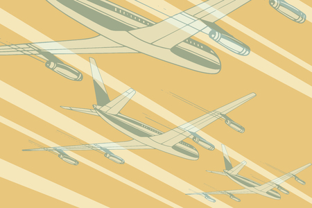 Air transport in the sky travel background. Airplane aviation travel voyage tourism air transport. Pop art retro vector illustrationのイラスト素材