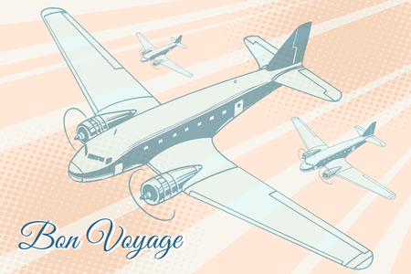Bon voyage aviation background. Airplane aviation travel voyage tourism air transport. Pop art retro vector illustrationのイラスト素材
