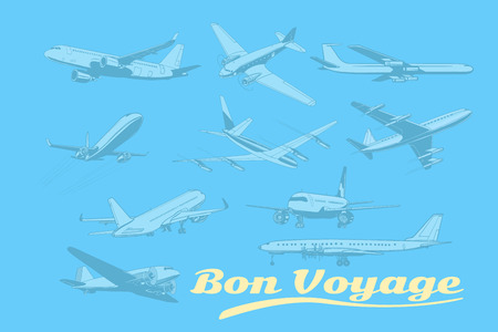 Bon voyage, set of aircraft air transport. Airplane aviation travel voyage tourism air transport. Pop art retro vector illustrationのイラスト素材