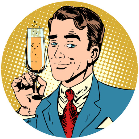 nice man with a glass of champagne sparkling wine. Round avatar icon symbol character image. Pop art retro vector illustrationのイラスト素材