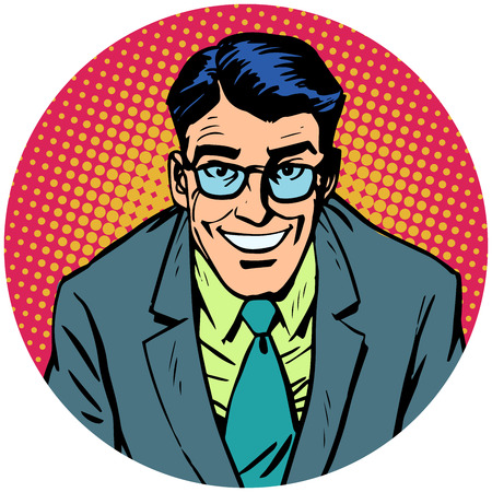 smiling man with glasses. Round avatar icon symbol character image. Pop art retro vector illustrationのイラスト素材