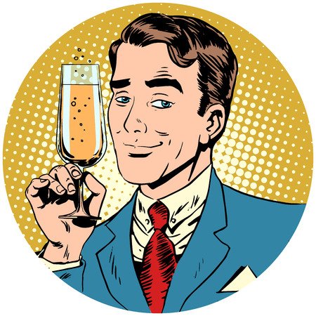 nice man with a glass of champagne sparkling wine. Round avatar icon symbol character image. Pop art retro vector illustrationの写真素材
