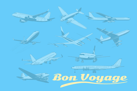 Bon voyage, set of aircraft air transport. Airplane aviation travel voyage tourism air transport. Pop art retro vector illustrationのイラスト素材