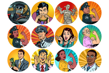 Set of pop art round icons characters avatar.のイラスト素材