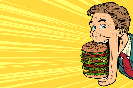 hungry man with a giant Burger, street foodのイラスト素材