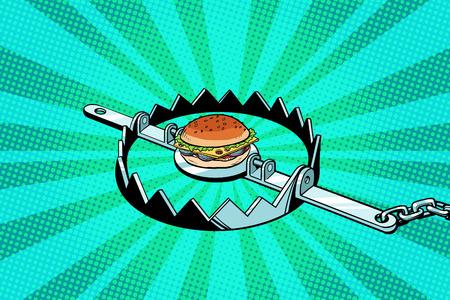 Iron trap with the Burger. concept of hunger and dietのイラスト素材