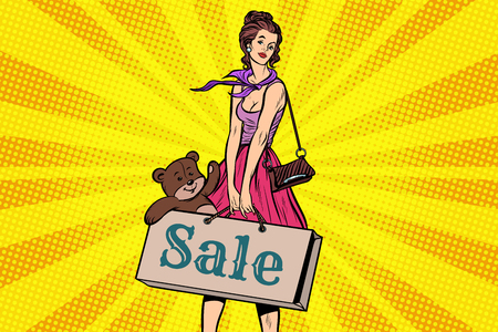 Beautiful girl with soft toy bear, discounts and saleのイラスト素材