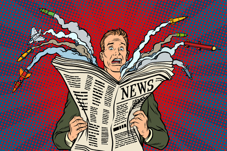 newspaper bad news about nuclear war, the man shockedのイラスト素材