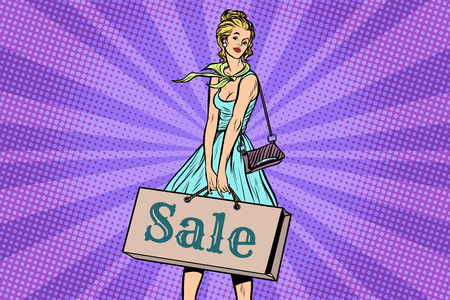 Beautiful young woman on sale. Pop art retro vector illustrationの写真素材