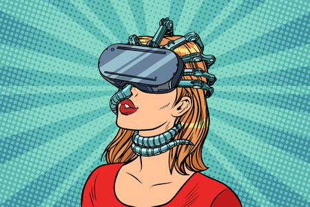 Pop art woman in virtual reality gadget parasite. retro vector vintage illustrationsの写真素材