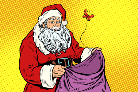 Sad Santa and empty Christmas bag with a moth. Pop art retro vector illustrationのイラスト素材