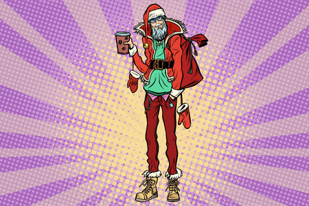 Hipster Santa Claus with a Cup of coffee. Christmas holiday and New year. Pop art retro vector illustrationのイラスト素材