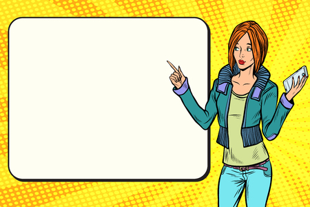 Girl woman with phone on the presentation. Pop art retro vector vintage illustrationsのイラスト素材