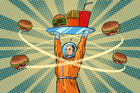 An Astronaut with a tray of fast Food. Pop art retro vector Illustratorのイラスト素材