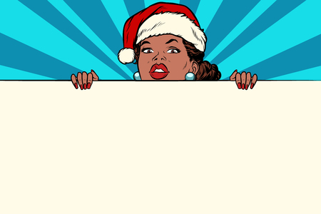 African Santa girl with copy space poster. Pop art retro vector Illustratorのイラスト素材