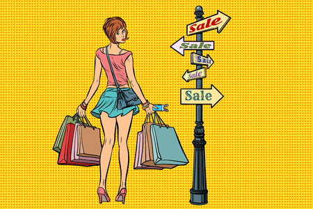 Young woman at the sign for salesのイラスト素材