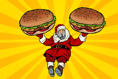 Santa Claus with two burgers, fast food delivery giftのイラスト素材
