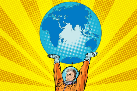Retro astronaut is holding the planet Earthのイラスト素材