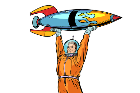 Astronaut and vintage rocket isolated on white background. Pop art retro vector illustrationのイラスト素材