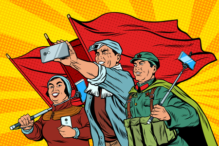 Chinese workers with smartphones selfie, poster socialist realisのイラスト素材