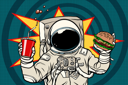 Astronaut with a Burger and drink. Pop art retro vector illustrationのイラスト素材