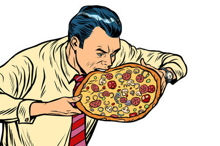 man eating pizza, isolated on white backgroundの写真素材