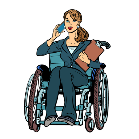 disabled businesswoman isolated on white background. Talking on the phone. Pop art retro vector illustrationの写真素材
