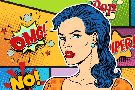 Beautiful brunette woman pop art backgroundの写真素材