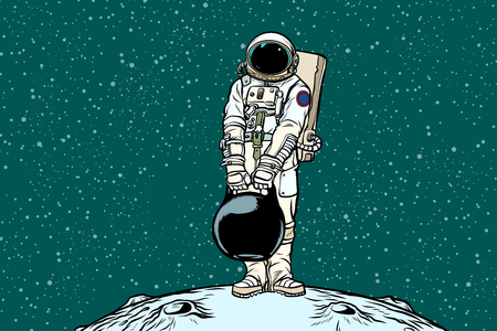 Astronaut with cargo weights. Pop art retro vector illustration.