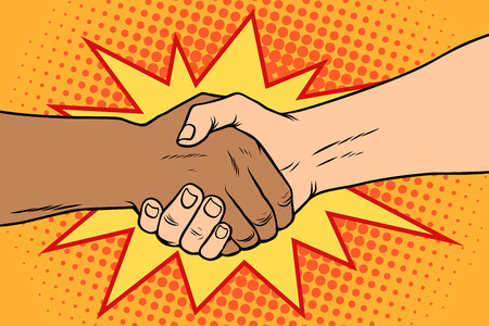 Handshake black and white, African and Caucasian peopleの写真素材