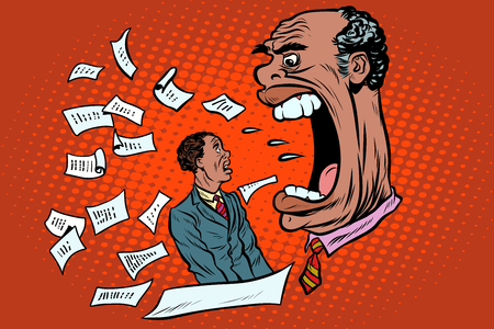 African boss yells at a subordinate. work and business. Pop art retro vector illustrationの写真素材