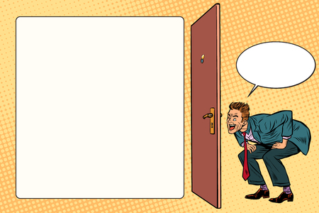 man peeping in the keyhole. Pop art retro vector illustrationのイラスト素材