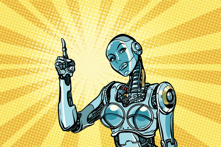 Beautiful woman robot indicates. Pop art retro vector illustrationのイラスト素材