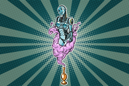 Female robot the Genie of the lamp. Pop art retro vector illustrationの写真素材