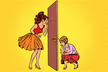 Two women spy on each other through the doorのイラスト素材