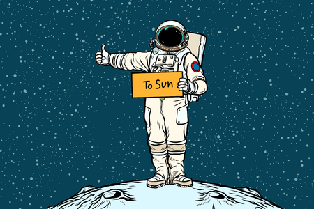 Astronaut hitchhiker rides in the Sun. Pop art retro vector illustrationの写真素材