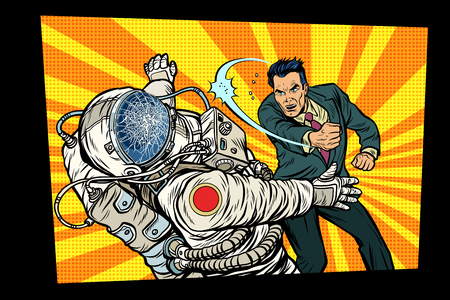 man vs astronaut, fight. Pop art retro comic book vector cartoon vector illustration hand drawingのイラスト素材