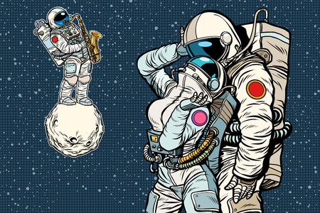 cosmonauts are dancing. romantic date, man loves a woman. Pop art retro comic book vector cartoon vector illustration hand drawingのイラスト素材