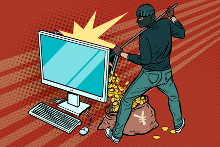 Online hacker steals yen money from computer. Pop art retro vector illustrationのイラスト素材