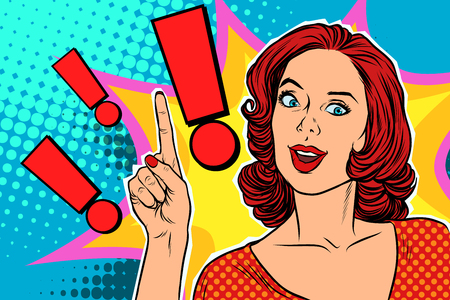 Exclamation point and happy pop art woman. Pop art retro vector illustrationの写真素材